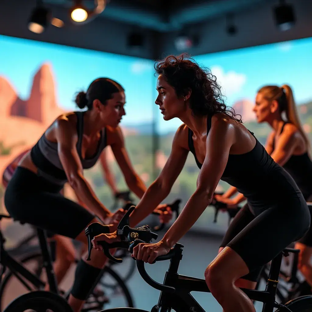 Grupo de personas participando en una clase de ciclismo en interiores en un gimnasio moderno.